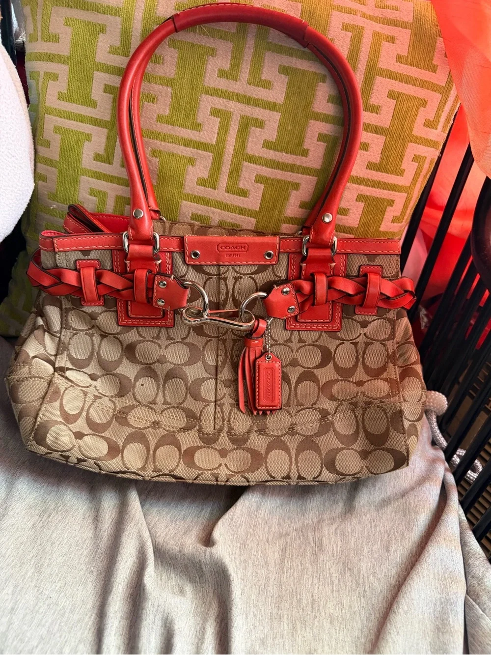 Coach Beige Signature Canvas Shoulder Bag with Coral-Red Leather Trim